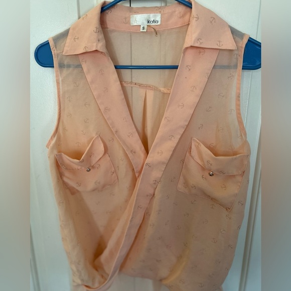 Katia Sheer Peach Faux Wrap Anchor Print Tank Top Size Small - Picture 2 of 6
